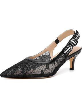 Women's Black Rubber Pointed Closed Toe Buckle Strappy Comfort Slingback Heels